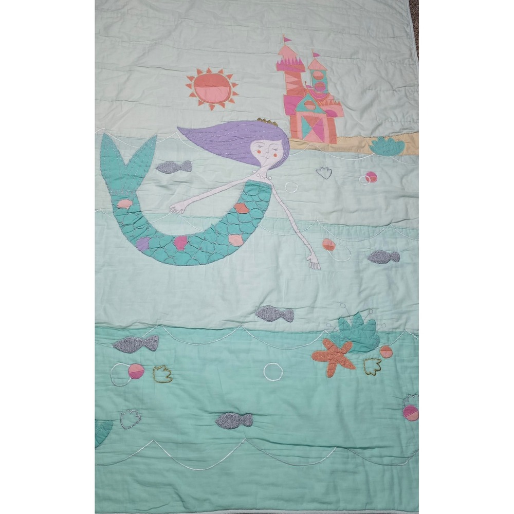 The Land of Nod Mermaid Mixer Quilt Twin Aqua Pink Castle Metallic Embroidery